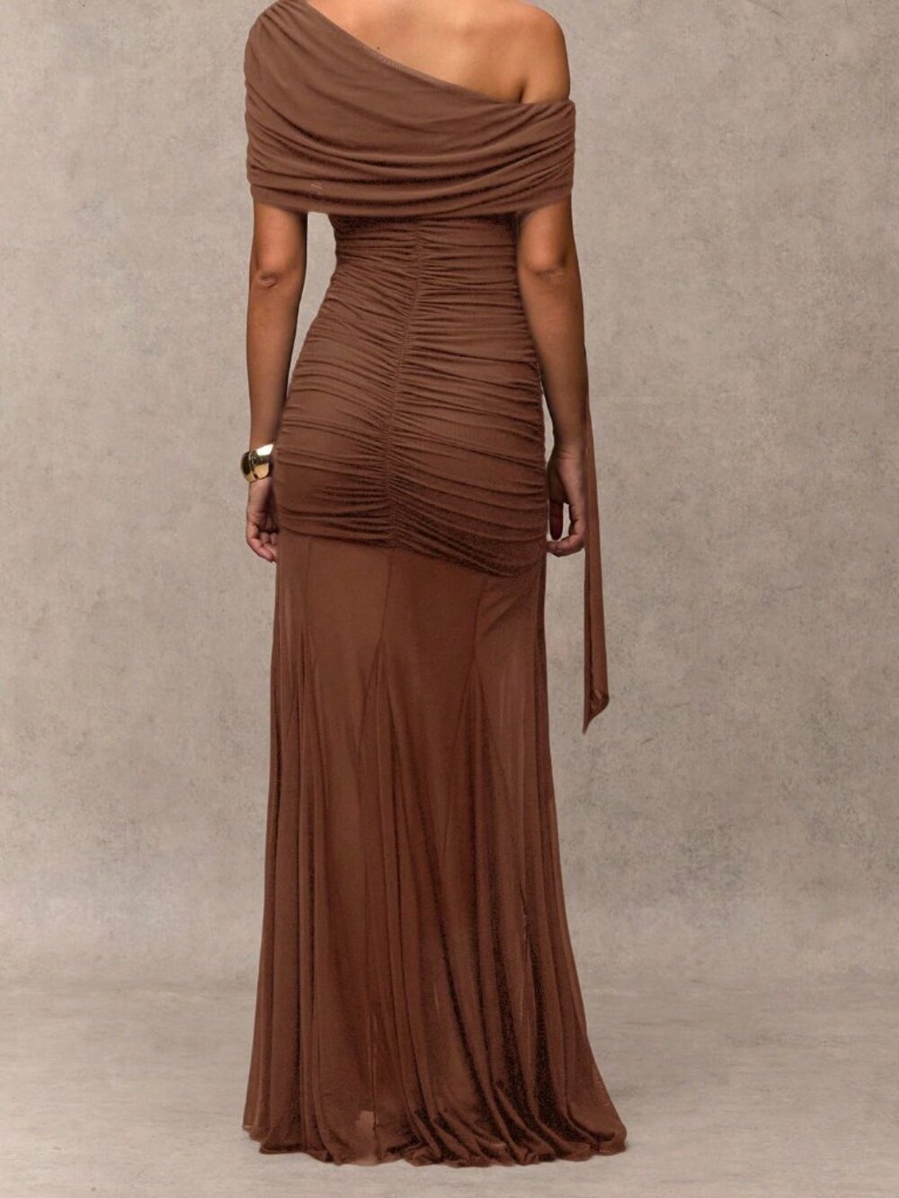 Brown Elegant Women's Ruched Asymmetric Long Dress - Picture 2 of 8